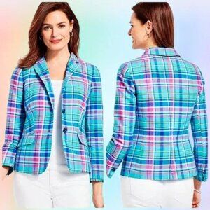 Talbots Colorful blue pink plaid single breasted lined Madras blazer, sz 12